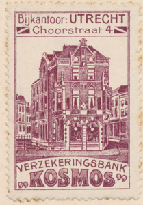 712813 Sluitzegel van “Kosmos”, Verzekeringsbank, Bijkantoor: Utrecht, Choorstraat 4 te Utrecht, met een litho van het ...